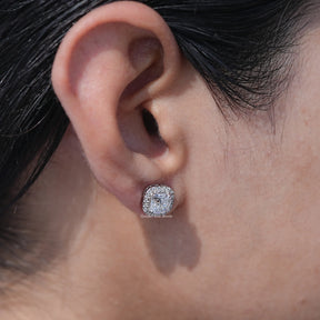 Front View of Cushion Shaped Diamond Stud Earrings In Ear