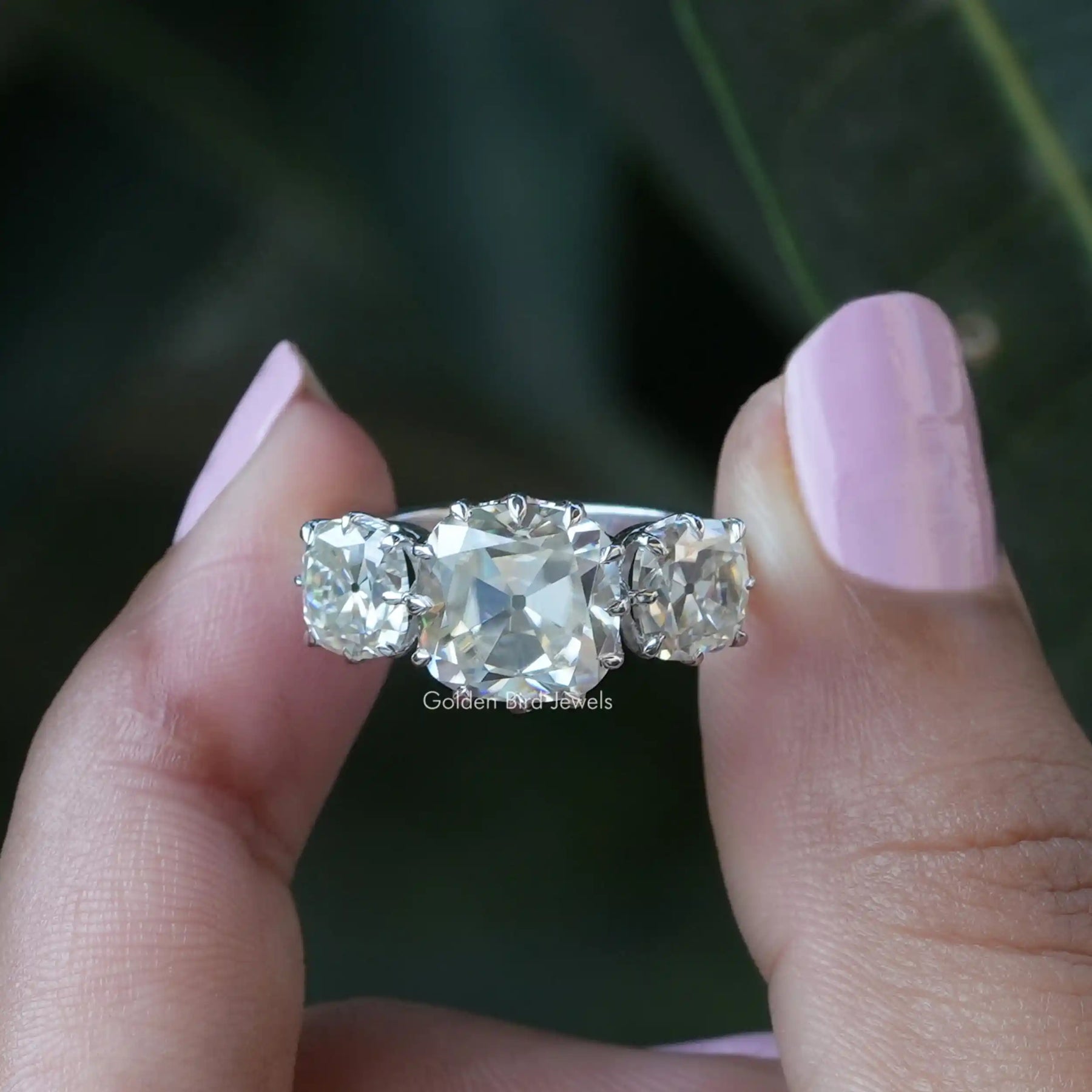[In two finger front view of cushion cut three stone moissanite ring]-[Golden Bird Jewels]