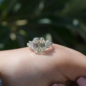 Detailed View Of Cushion Cut Moissanite Three Stone Ring In White Gold