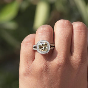 [In finger front view of brown old mine cushion cut moissanite ring]-[Golden Bird Jewels]