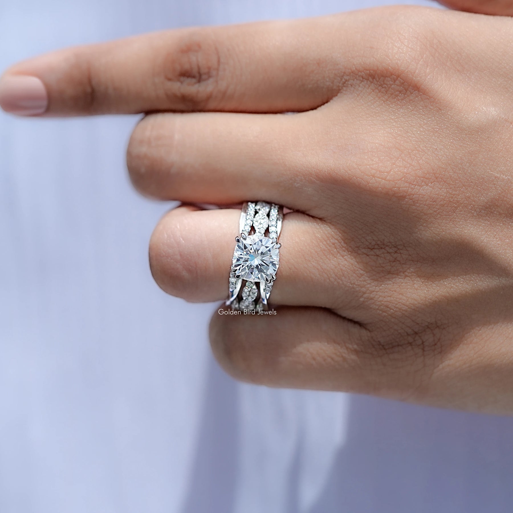 Close view of Cushion Cut Moissanite Engagement Ring