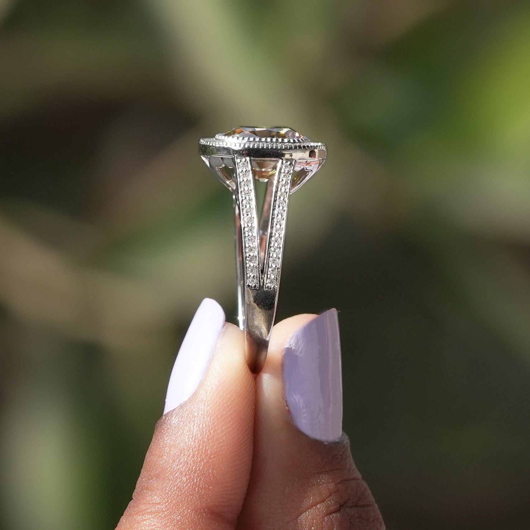 [Side view of old mine cushion cut moissanite ring made of 14k white gold]-[Golden Bird Jewels]