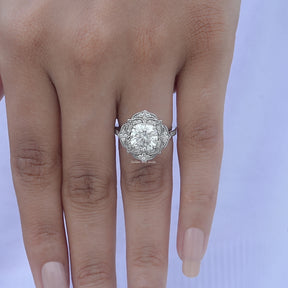 View of Cushion Cut Moissanite Floral Halo Wedding Ring In White Gold