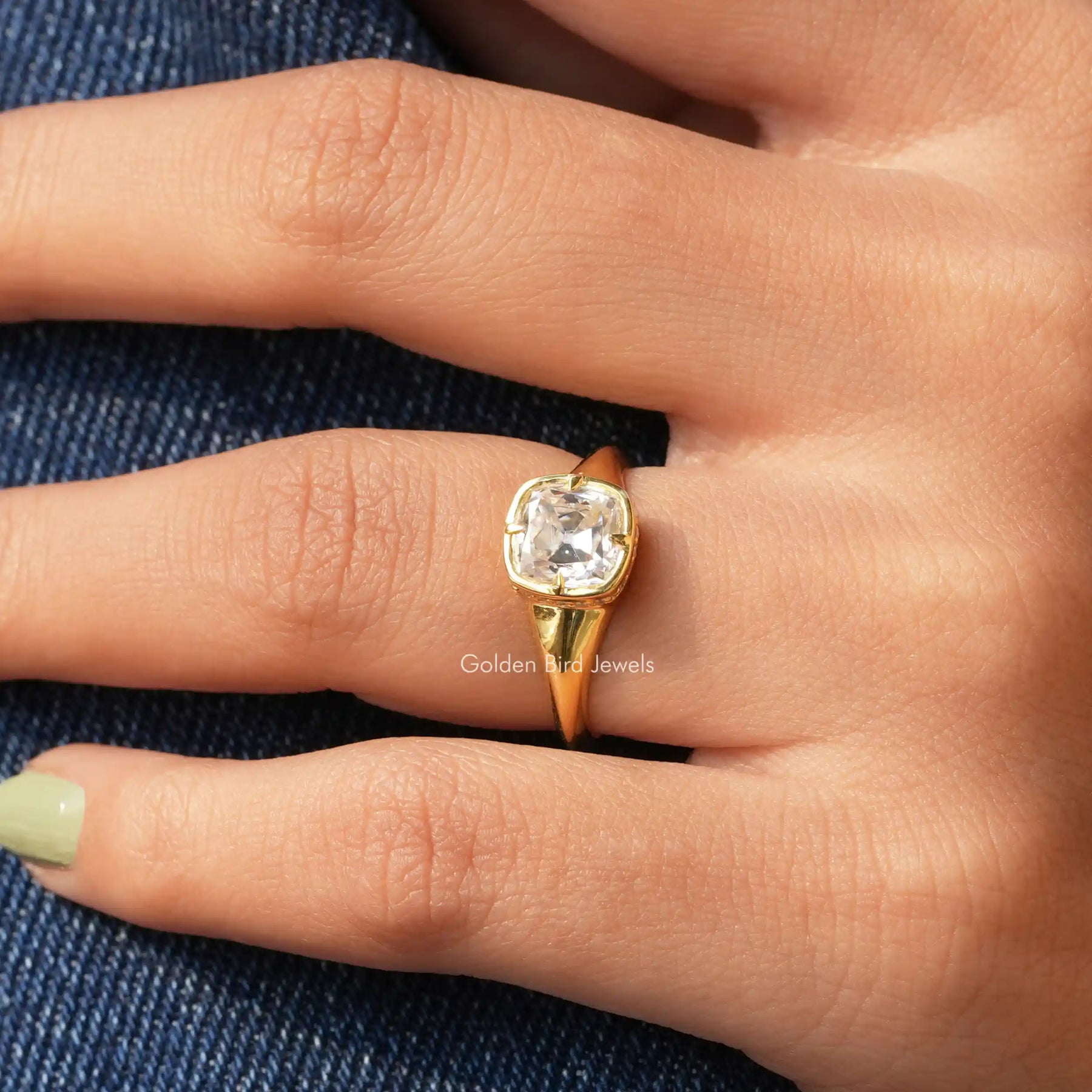 [This yellow gold cushion cut moissanite ring made of prong setting]-[Golden Bird Jewels]