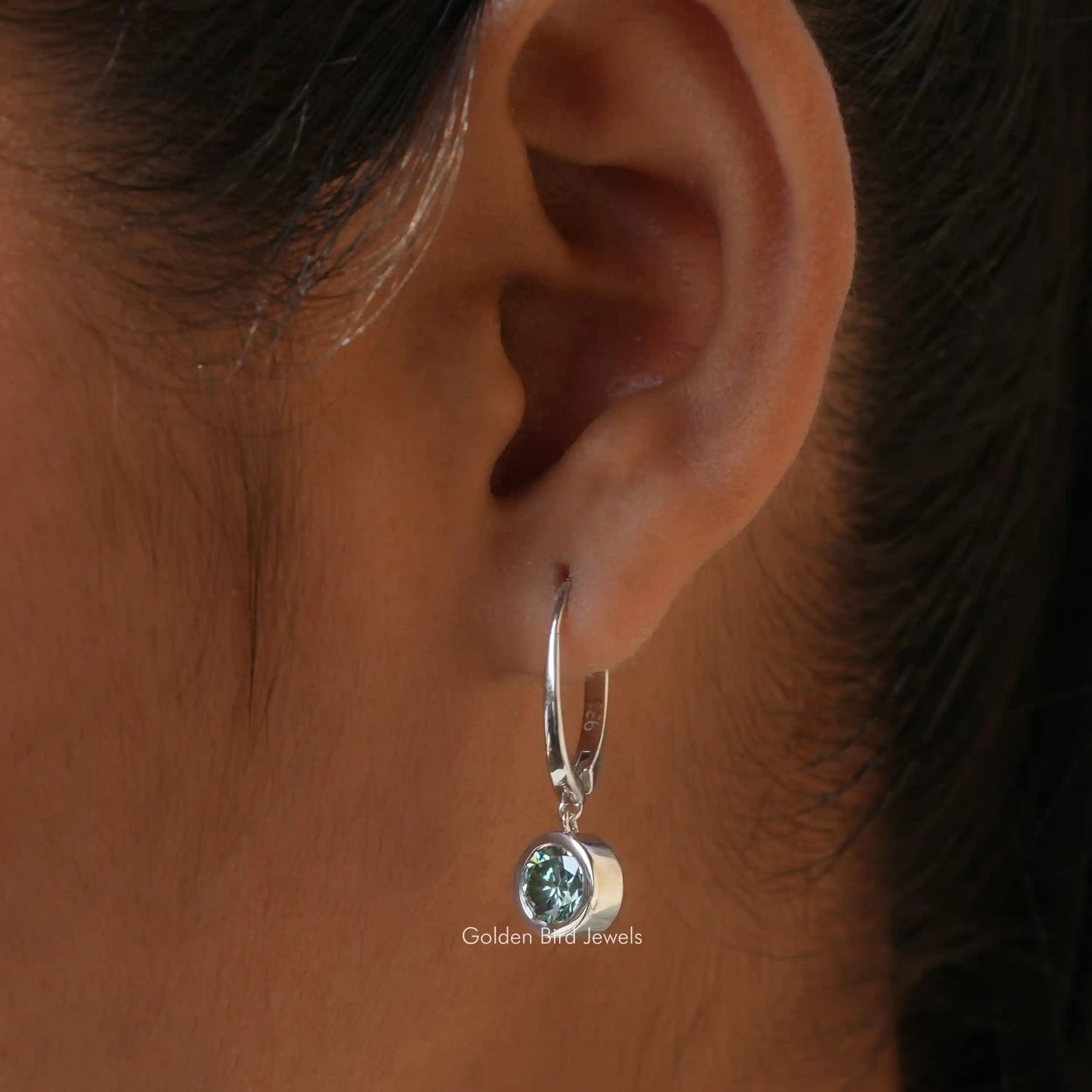 [In ear front view of round cut dangle earrings]-[Golden Bird Jewels]