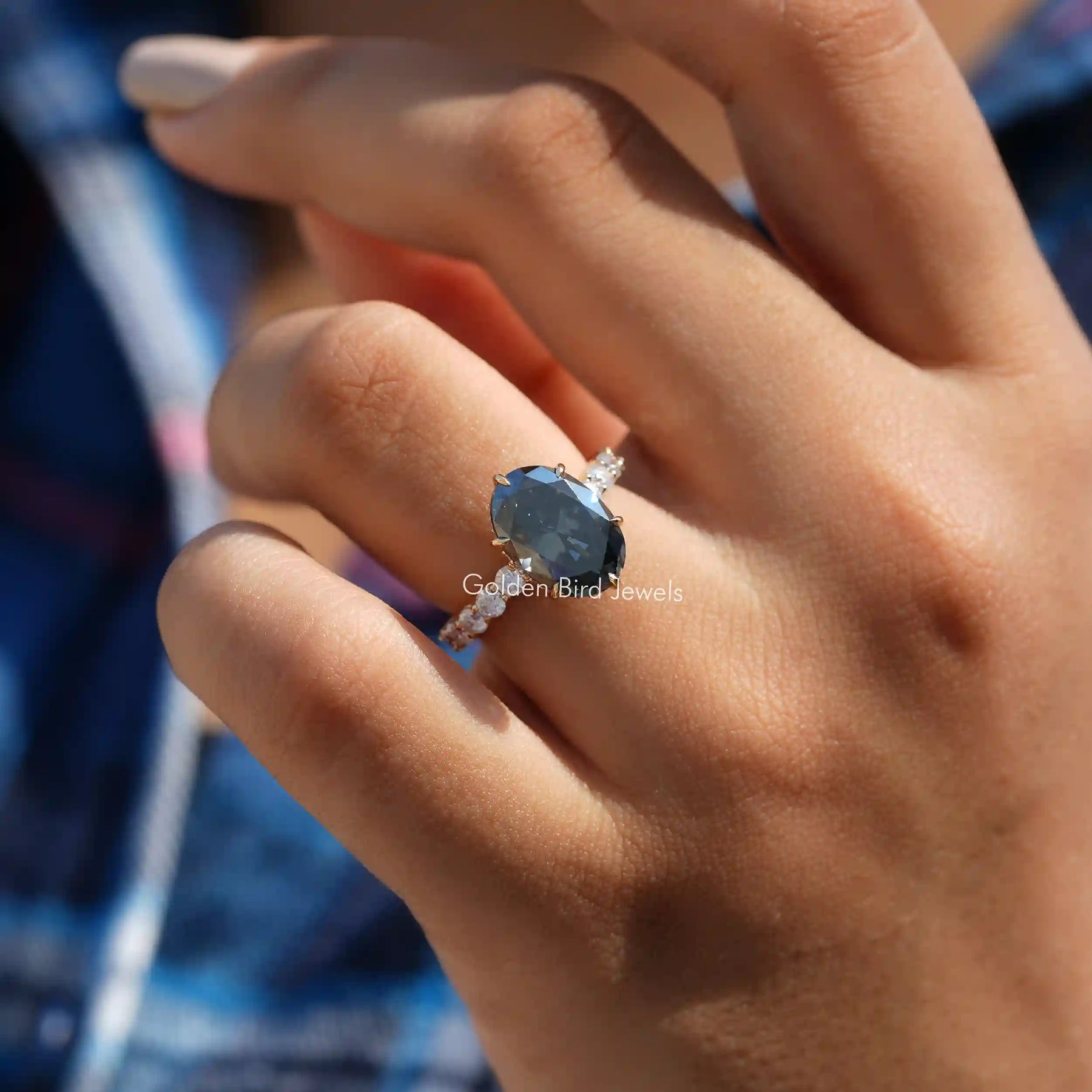 [Dark Grey oval Cut Moissanite Engagement Ring]-[Golden Bird Jewels]