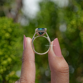 Dark Green Emerald Cut Moissanite Engagement Ring