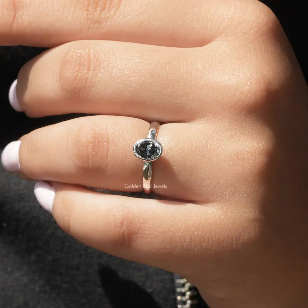 [In finger front view of dark gray wedding ring set]-[Golden Bird Jewels]