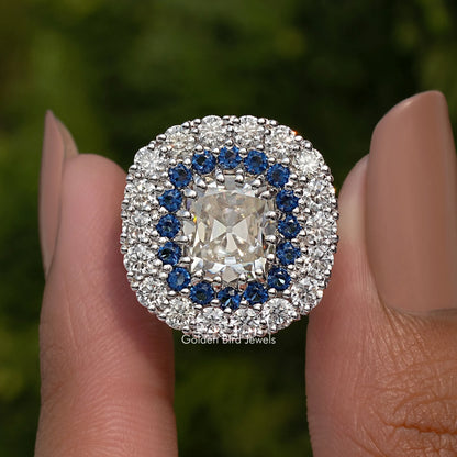 Double Halo Old Mine Cushion Moissanite Ring