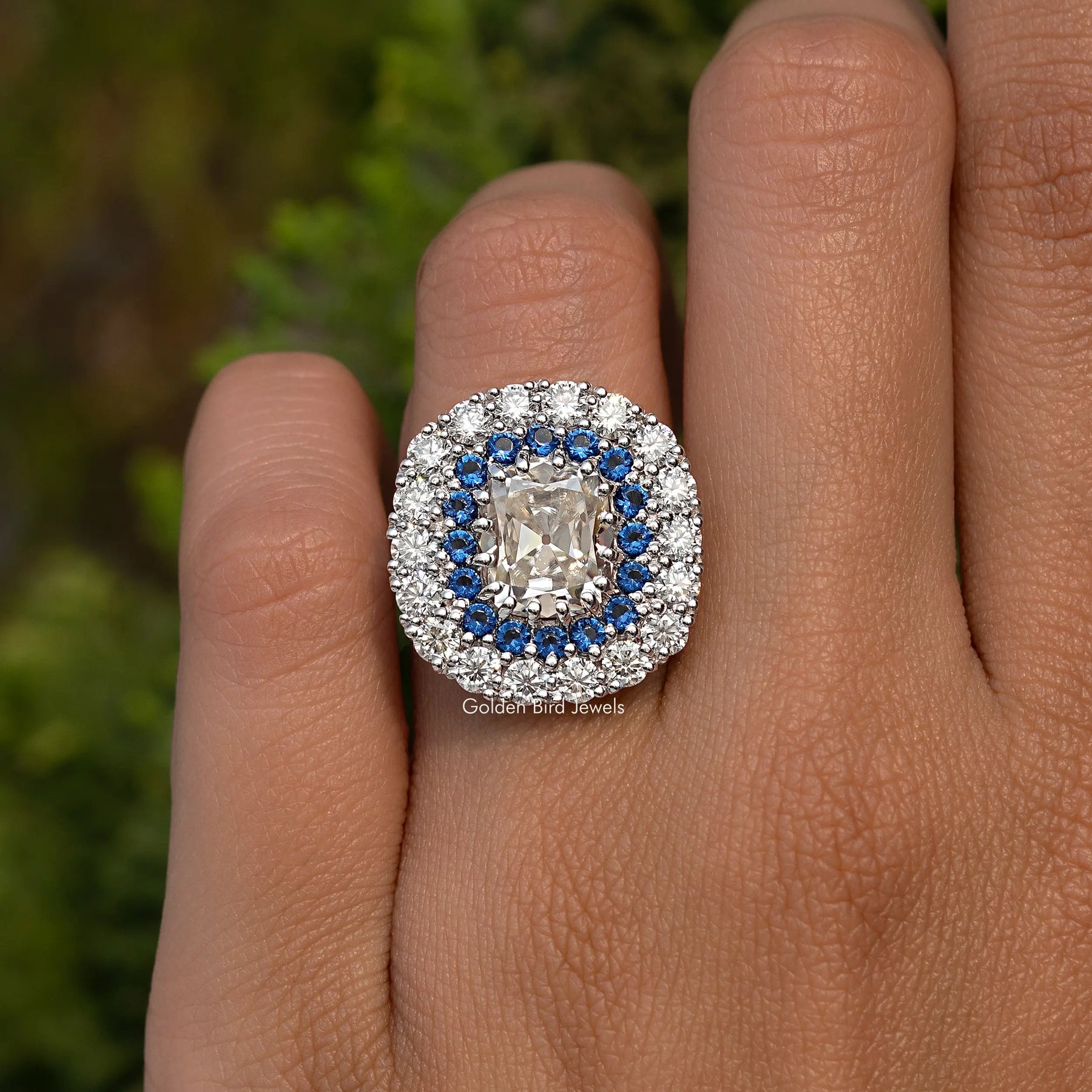 Double Halo Old Mine Cushion Moissanite Ring