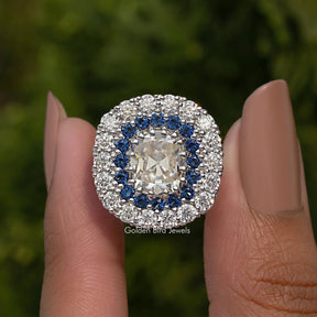 Double Halo Old Mine Cushion Moissanite Ring