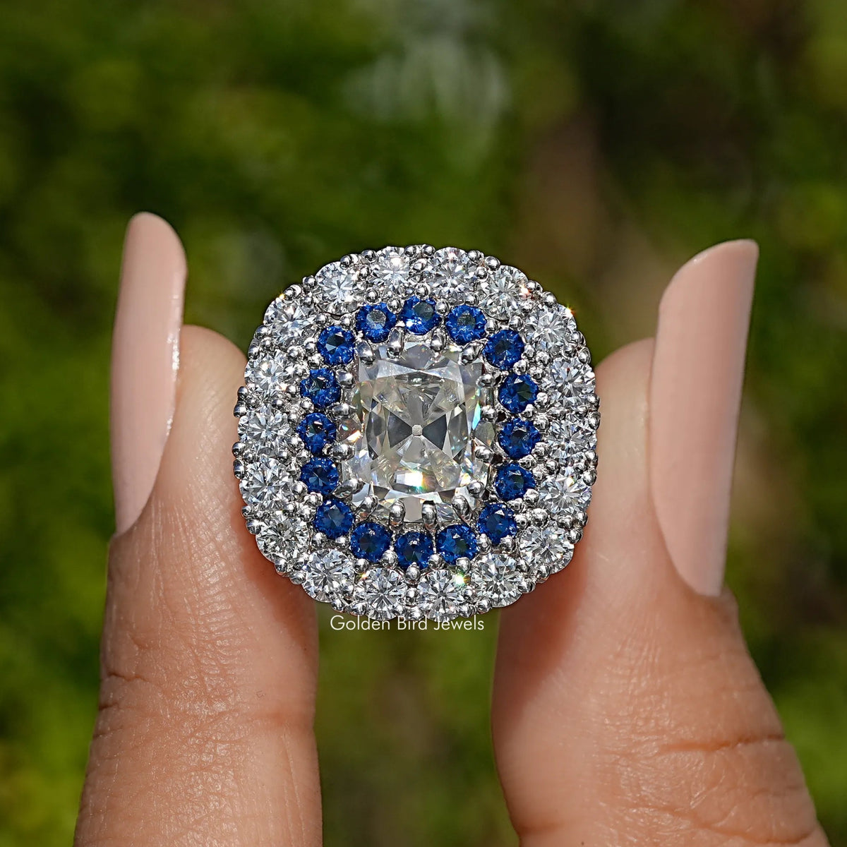 Double Halo Old Mine Cushion Moissanite Ring