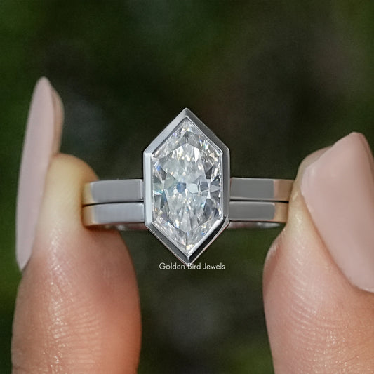 Marquise bezel bridal ring set, silver-tone band with faceted center stone
