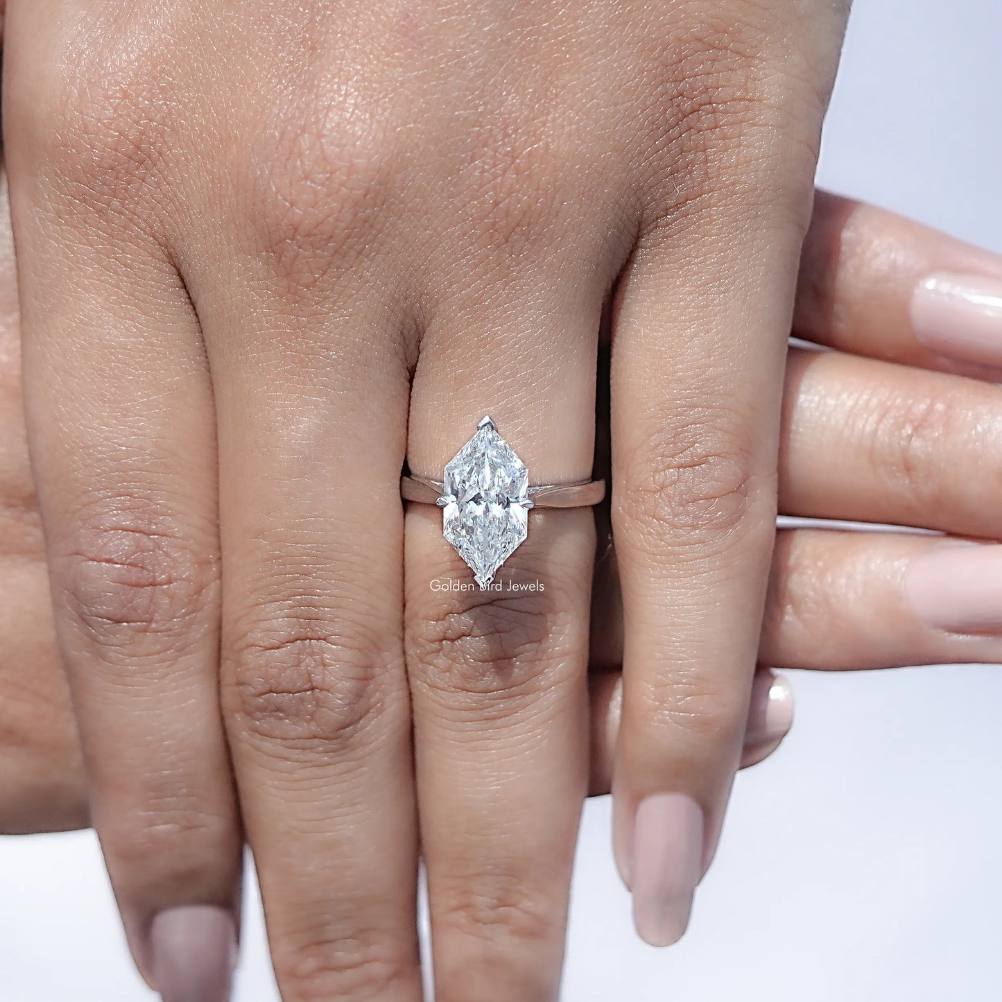 Detailed  View of Marquise Cut Diamond Solitaire Ring in  finger