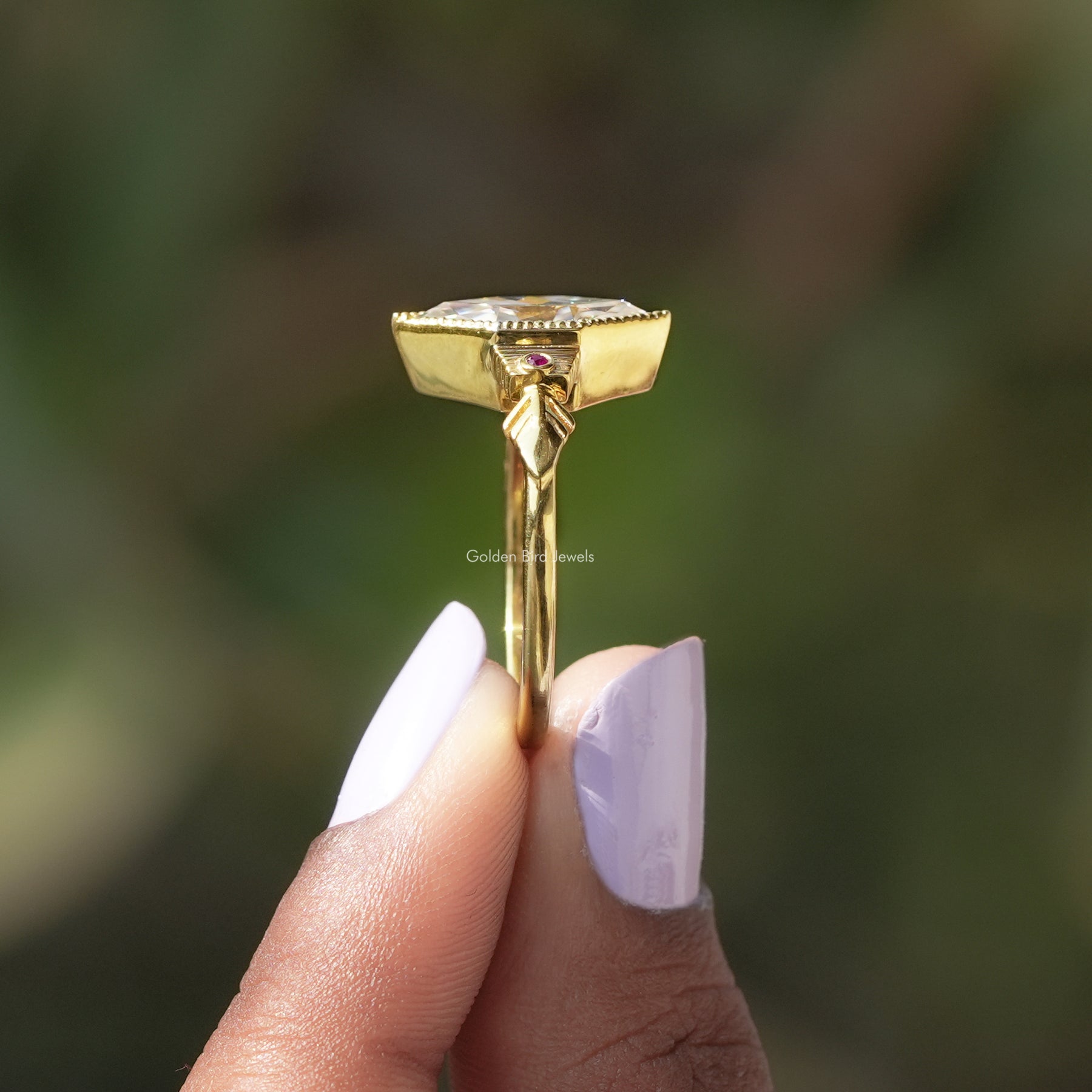 [Side view of dutch marquise cut moissanite ring crafted with 14k yellow gold]-[Golden Bird Jewels]