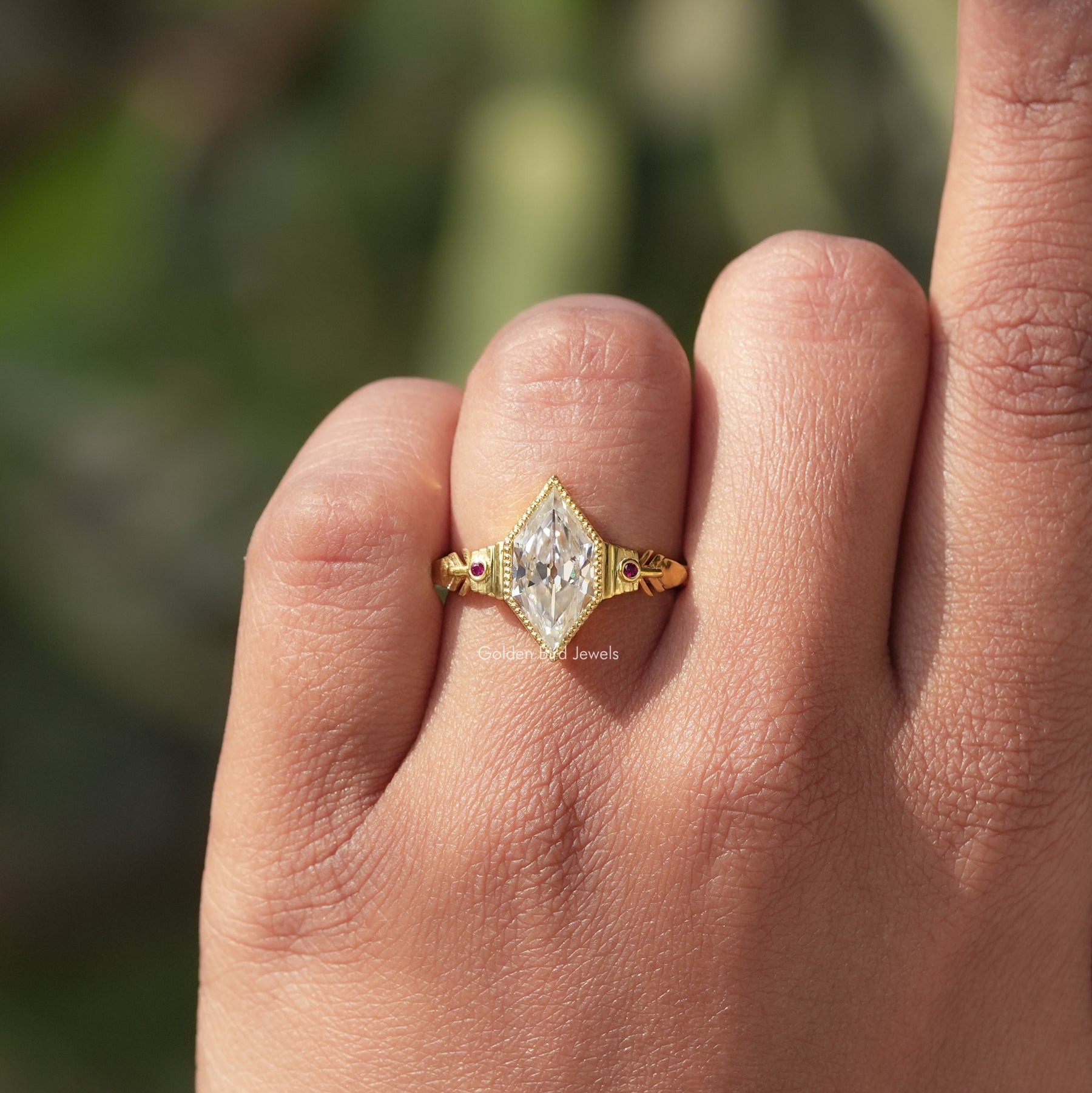 [This dutch marquise cut moissanite ring crafted with bezel setting]-[Golden Bird Jewels]