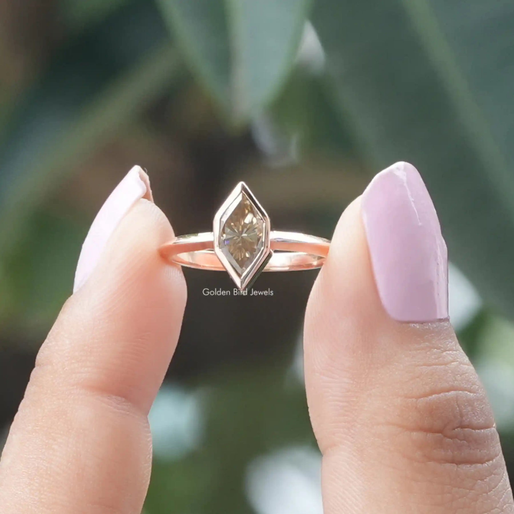 [Front view of dutch marquise cut solitaire moissanite ring]-[Golden Bird Jewels]