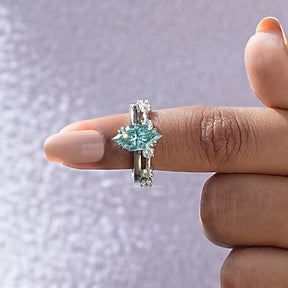 In finger front View of Marquise Cut Moissanite Bridal Ring Set In White Gold