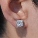 Close up view of Princess Cut Lab Diamond Halo Stud Earrings