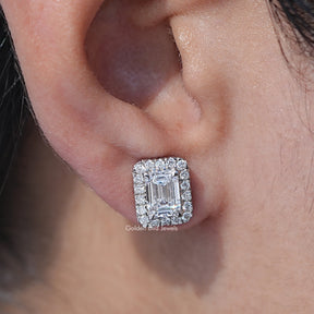 Lab Grown Emerald Cut Diamond Halo Earrings