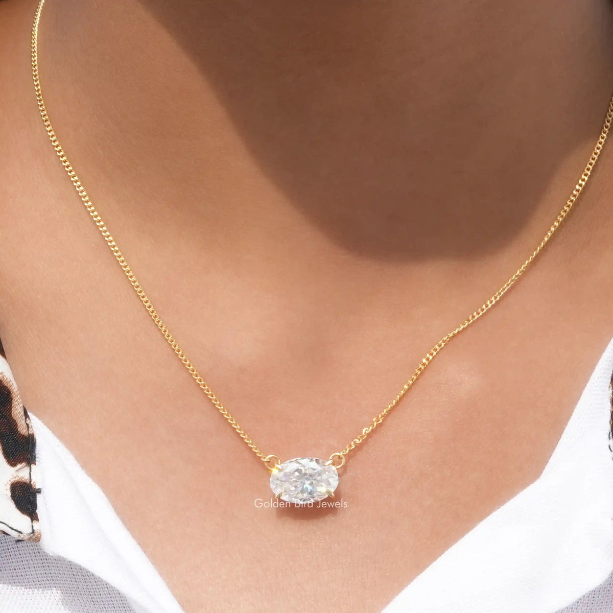 View of ice oval cut moissanite solitaire pendant 