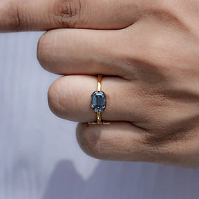 East West Old Mine Emerald Moissanite Solitaire Ring