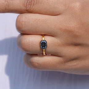 East West Old Mine Emerald Moissanite Solitaire Ring