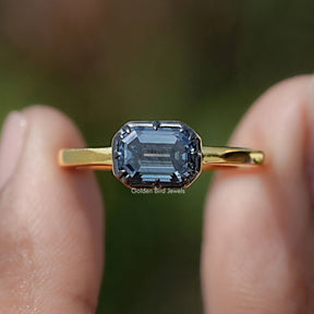 East West Old Mine Emerald Moissanite Solitaire Ring