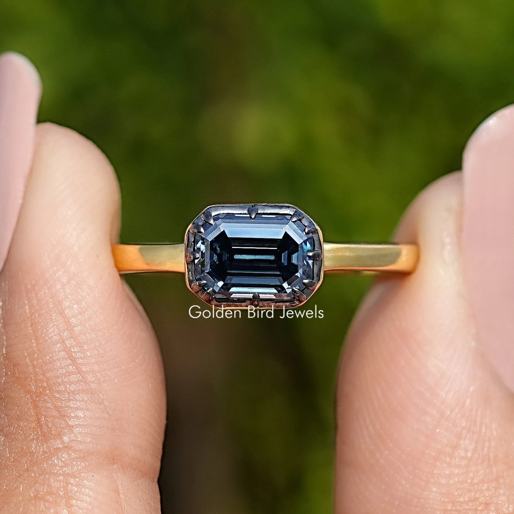 East West Old Mine Emerald Moissanite Solitaire Ring