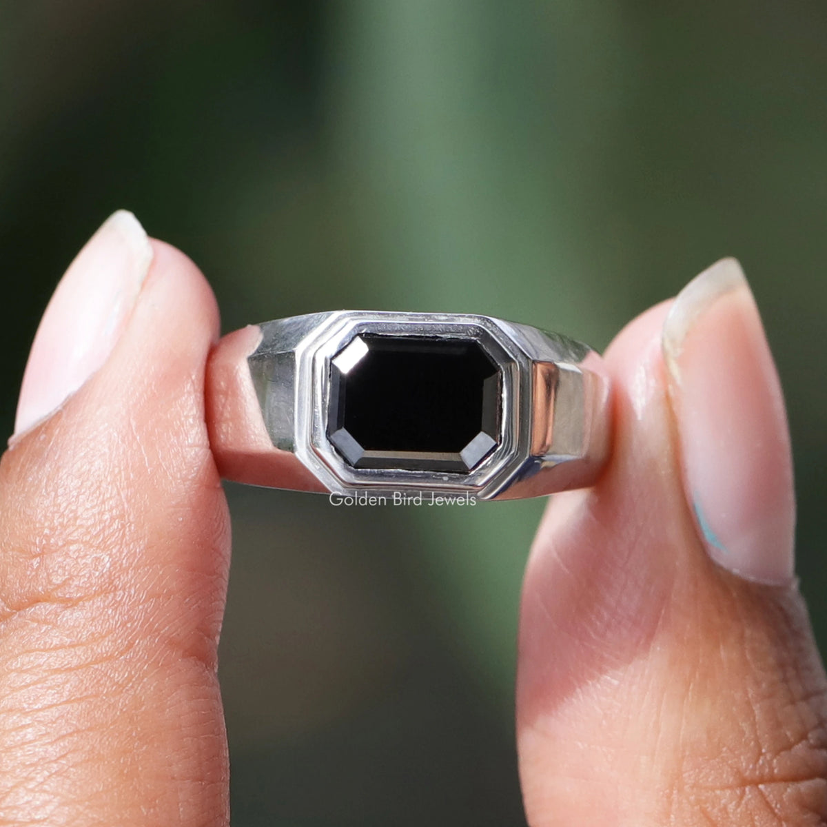 View of emerald cut moissanite Men's Ring