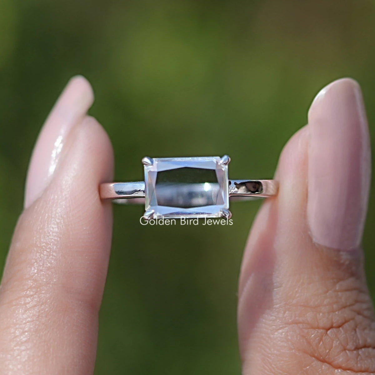 East West Portrait Radiant Moissanite Solitaire Ring