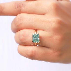 [Blue Radiant Cut Moissanite East West Engagement Ring]-[Golden Bird Jewels]