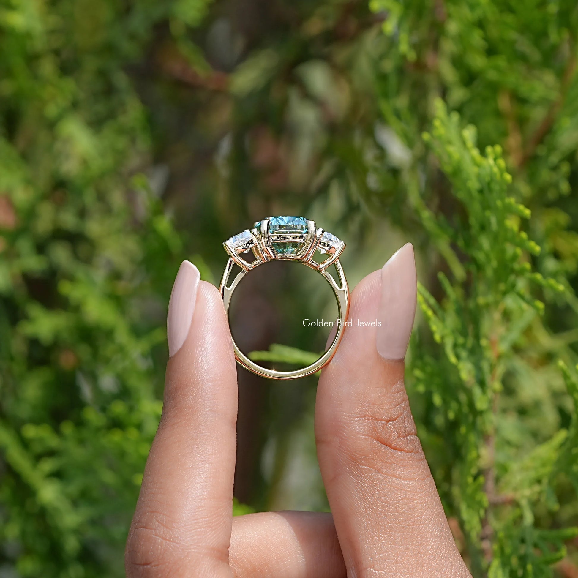 Back view of Cushion Cut Moissanite Three Stone Ring
