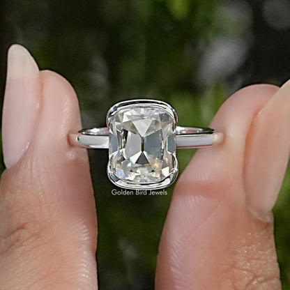 Elongated Old Mine Cushion Moissanite Half Bezel Set Ring