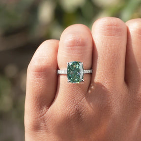 View of Elongated Cushion Cut Moissanite Ring In finger
