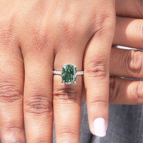View of Hidden Halo Moissanite Cushion Cut Wedding Ring In Yellow Gold