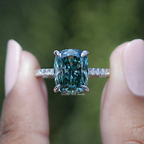 Elongated Cushion Cut Moissanite Hidden Halo Ring