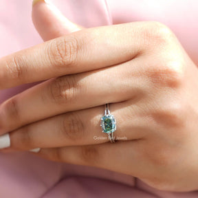 [In Finger a Moissanite Solitaire Engagement Ring Made Of Elongated Cushion Cut Stone]-[Golden Bird Jewels]