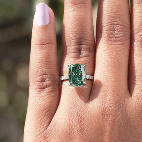 Detailed View Of Blue Green Cushion Cut Hidden Halo Ring In White Gold