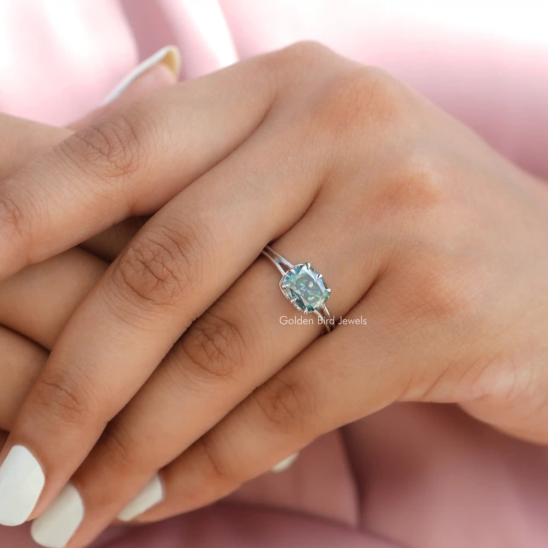 [In Finger a Cushion Cut Moissanite Engagement Ring In Claw Prong Setting]-[Golden Bird Jewels]