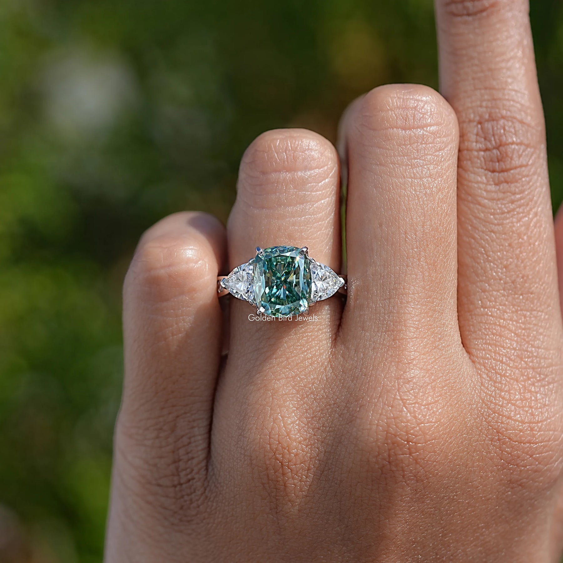 Elongated Cushion Moissanite Three Stone Engagement Ring