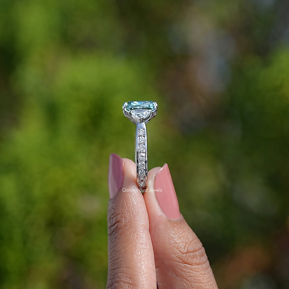 Elongated Cushion Moissanite Three Stone Engagement Ring