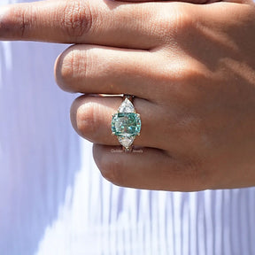 View of Moissanite Cushion Cut 3 Stone Ring In finger