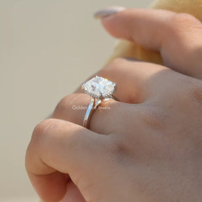 [In Finger a Four Prong Setting Engagement Ring With Elongated Cushion Cut Moissanite]-[Golden Bird Jewels]