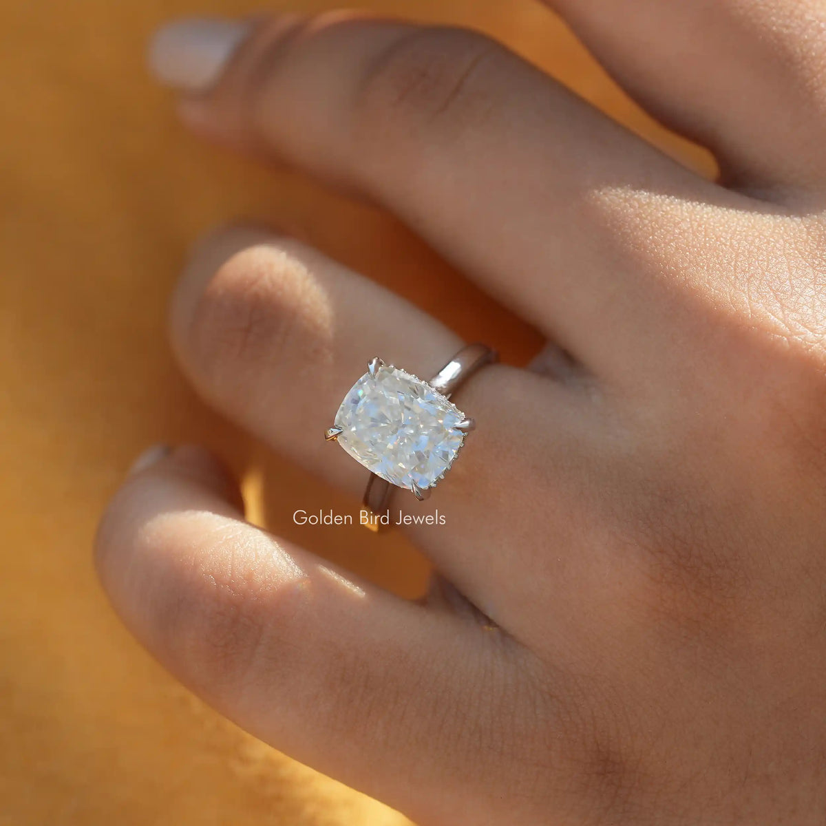 [In Finger a 1.00 to 5.00 CT Elongated Cushion Cut Moissanite Ring]-[Golden Bird Jewels]