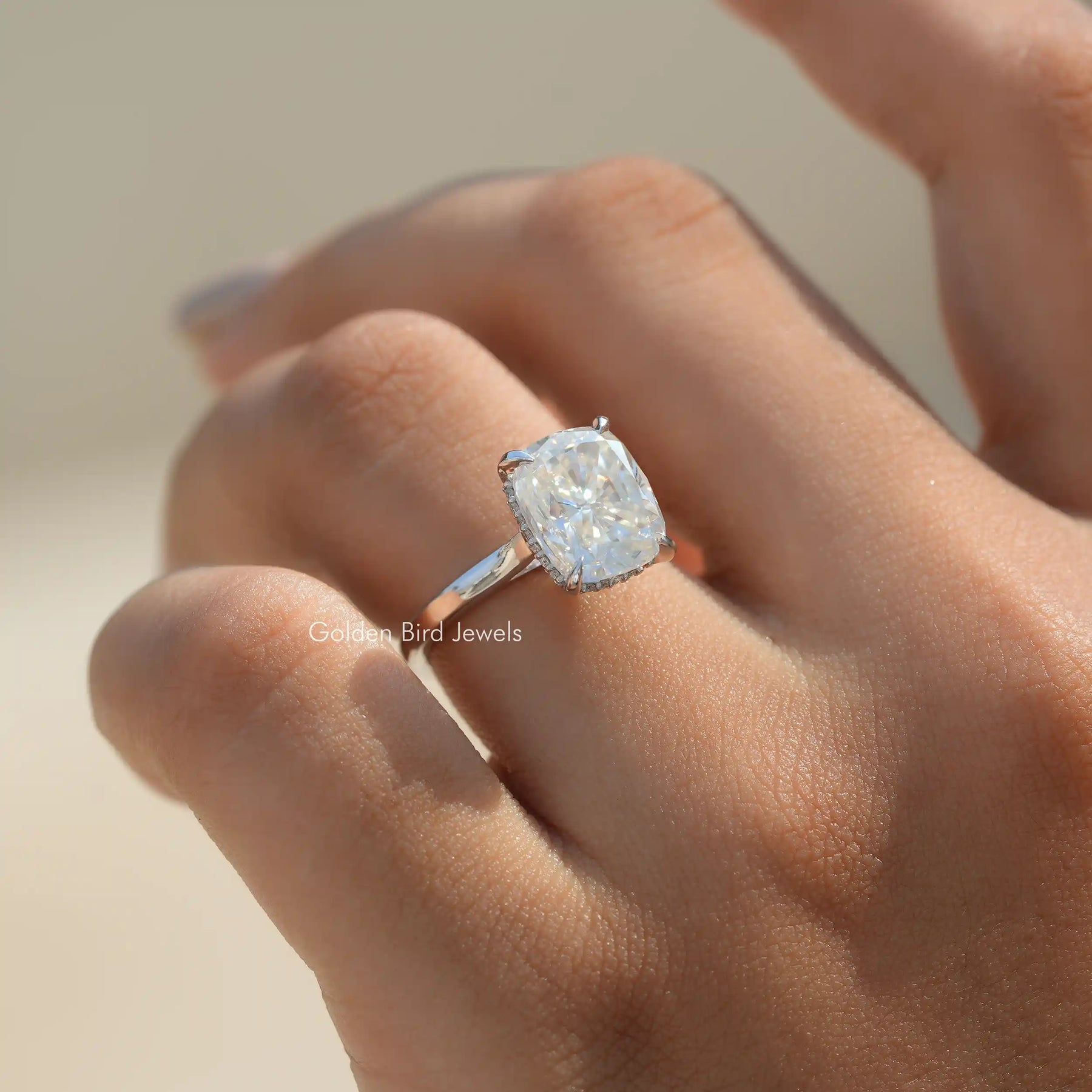 [Elongated Cushion Cut Moissanite Engagement Ring Made In 18K White Gold]-[Golden Bird Jewels]