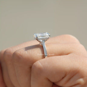 [In Finger a Elongated Cushion Cut Moissanite Engagement Ring With Hidden Halo Set]-[Golden Bird Jewels]