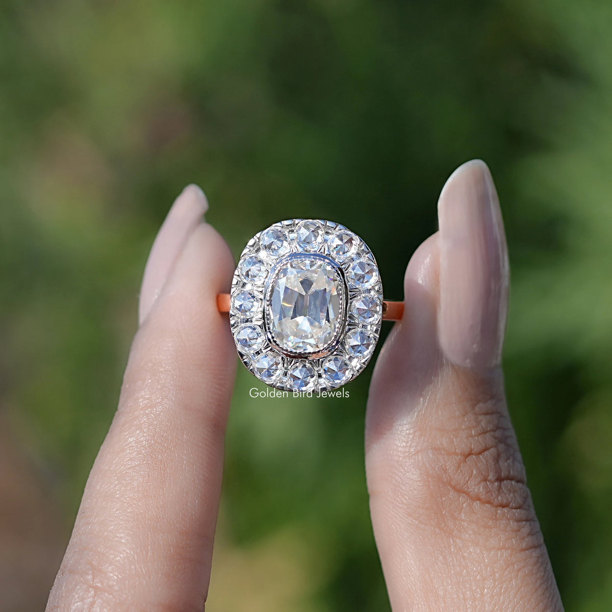 Front view of Elongated Old Mine Cushion Cut Moissanite Halo Ring