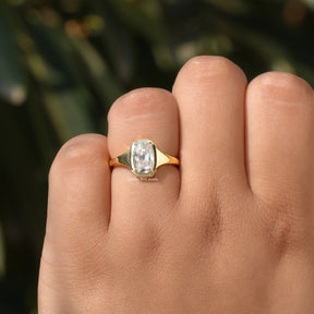Close-Up View of Old Mine Cushion Cut Moissanite Ring In Yellow Gold