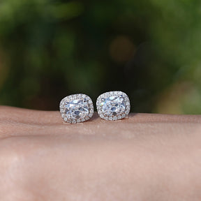 View of Old Mine Cushion Cut Diamond Halo Earrings In White Gold 